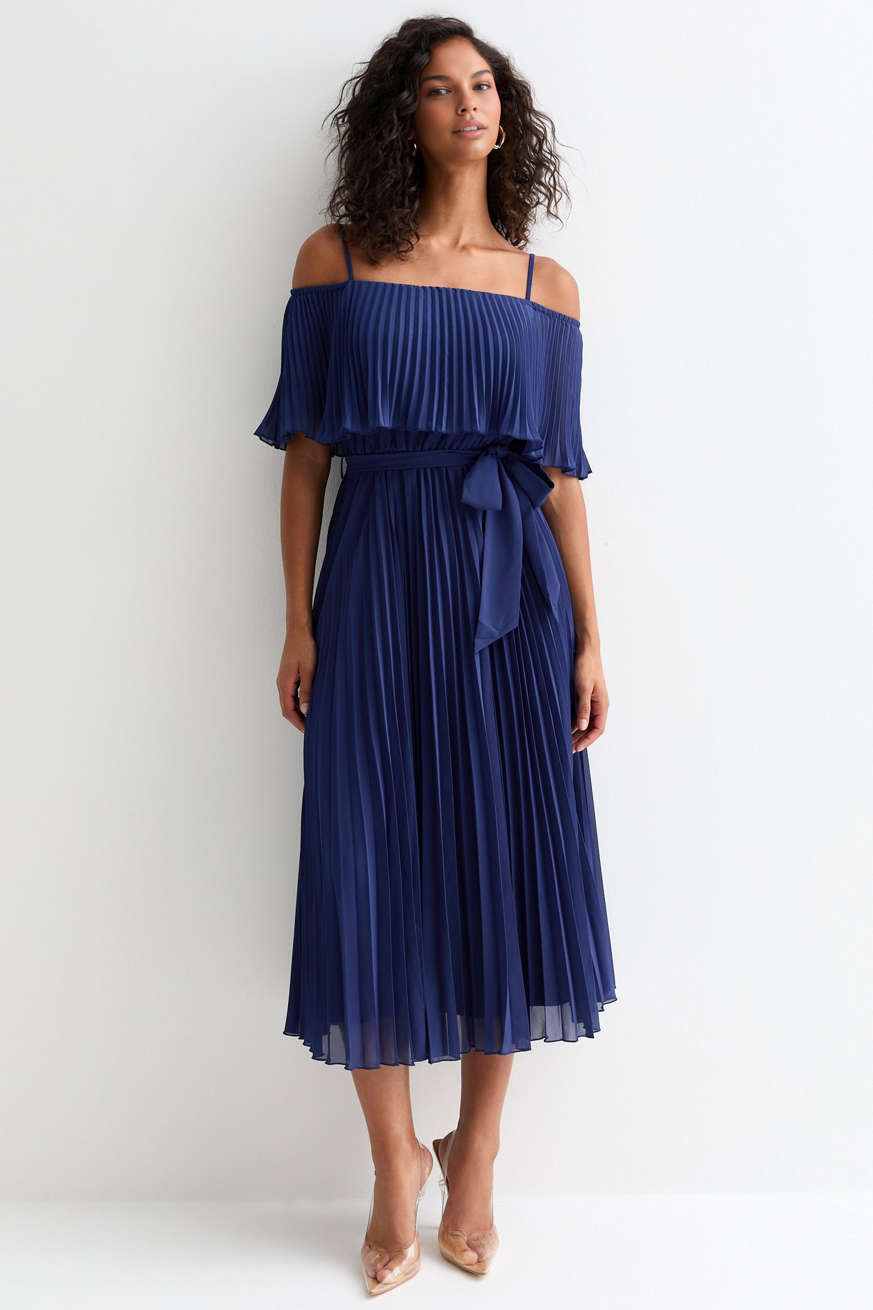 Dress Navy Bardot Off Shoulder Frill Midi Dress Vesper Bardot