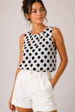 Monochrome Polka Dot Pleated Sleeveless Top