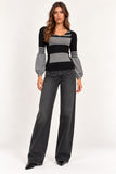 Black & Grey Striped Ribbed Balloon Sleeve Knit Top