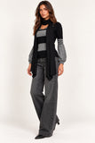 Black & Grey Striped Ribbed Balloon Sleeve Knit Top