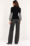 Black & Grey Striped Ribbed Balloon Sleeve Knit Top