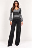 Dark Grey Striped Ribbed Balloon Sleeve Knit Top