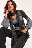 Dark Grey Striped Ribbed Balloon Sleeve Knit Top
