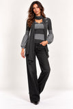 Dark Grey Striped Ribbed Balloon Sleeve Knit Top