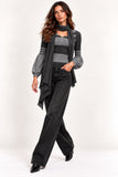 Dark Grey Striped Ribbed Balloon Sleeve Knit Top