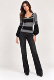 Light Grey Striped Ribbed Balloon Sleeve Knit Top