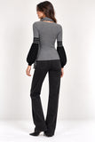 Light Grey Striped Ribbed Balloon Sleeve Knit Top