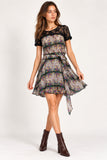 Purple Floral Chiffon & Lace Yoke Tie-Waist Mini Dress