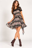 Purple Floral Chiffon & Lace Yoke Tie-Waist Mini Dress