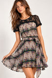 Purple Floral Chiffon & Lace Yoke Tie-Waist Mini Dress