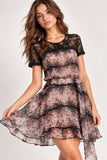 Red & Floral Chiffon Lace Yoke Tie-Waist Mini Dress