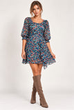 Grey Floral Chiffon Ruffle-Trim Mini Dress