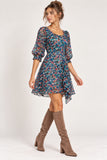 Grey Floral Chiffon Ruffle-Trim Mini Dress