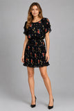 Black Floral Pleated Mini Dress