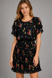 Black Floral Pleated Mini Dress
