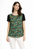 Floral Print Short Sleeve Top with Contrast Black Sleeves