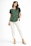 Floral Print Short Sleeve Top with Contrast Black Sleeves