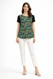 Floral Print Short Sleeve Top with Contrast Black Sleeves
