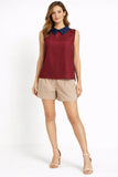 Sleeveless Blouse with Contrast Collar And Button Back