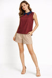 Sleeveless Blouse with Contrast Collar And Button Back