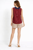 Sleeveless Blouse with Contrast Collar And Button Back