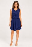 Navy Pleated Asymmetric Mini Dress