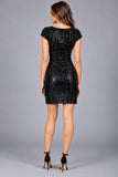 Black Sequin Cowl-Neck Cap-Sleeve Mini Dress