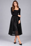 Black Sequin A-Line Midi Skirt