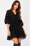 Black Chiffon Crochet Trim Mini Dress