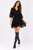 Black Chiffon Crochet Trim Mini Dress