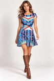 Blue Geometric Tile Print Cap Sleeve Mini Dress