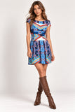 Blue Geometric Tile Print Cap Sleeve Mini Dress