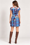 Blue Geometric Tile Print Cap Sleeve Mini Dress