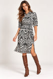 Monochrome Geometric Printed Shirt Dress with Tie Waist