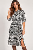 Monochrome Geometric Printed Shirt Dress with Tie Waist