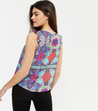 Blue Floral Frill Sleeve Sleeveless Top
