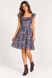 Blue & Red Paisley Chiffon Convertible Bardot Mini Dress