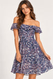 Blue & Red Paisley Chiffon Convertible Bardot Mini Dress
