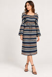 Navy Geo Print Cold-Shoulder Midi Dress