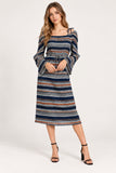 Navy Geo Print Cold-Shoulder Midi Dress