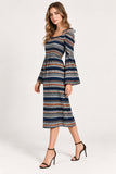 Navy Geo Print Cold-Shoulder Midi Dress