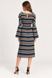 Navy Geo Print Cold-Shoulder Midi Dress