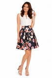 Black Floral Pleated A-Line Midi Skirt