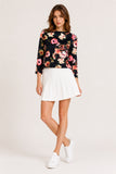 Black Floral Print Boat Neck Long Sleeve Top