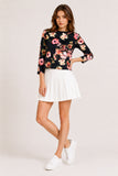 Black Floral Print Boat Neck Long Sleeve Top