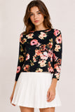 Black Floral Print Boat Neck Long Sleeve Top