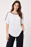 White Geometric Print Mesh Detail Blouse