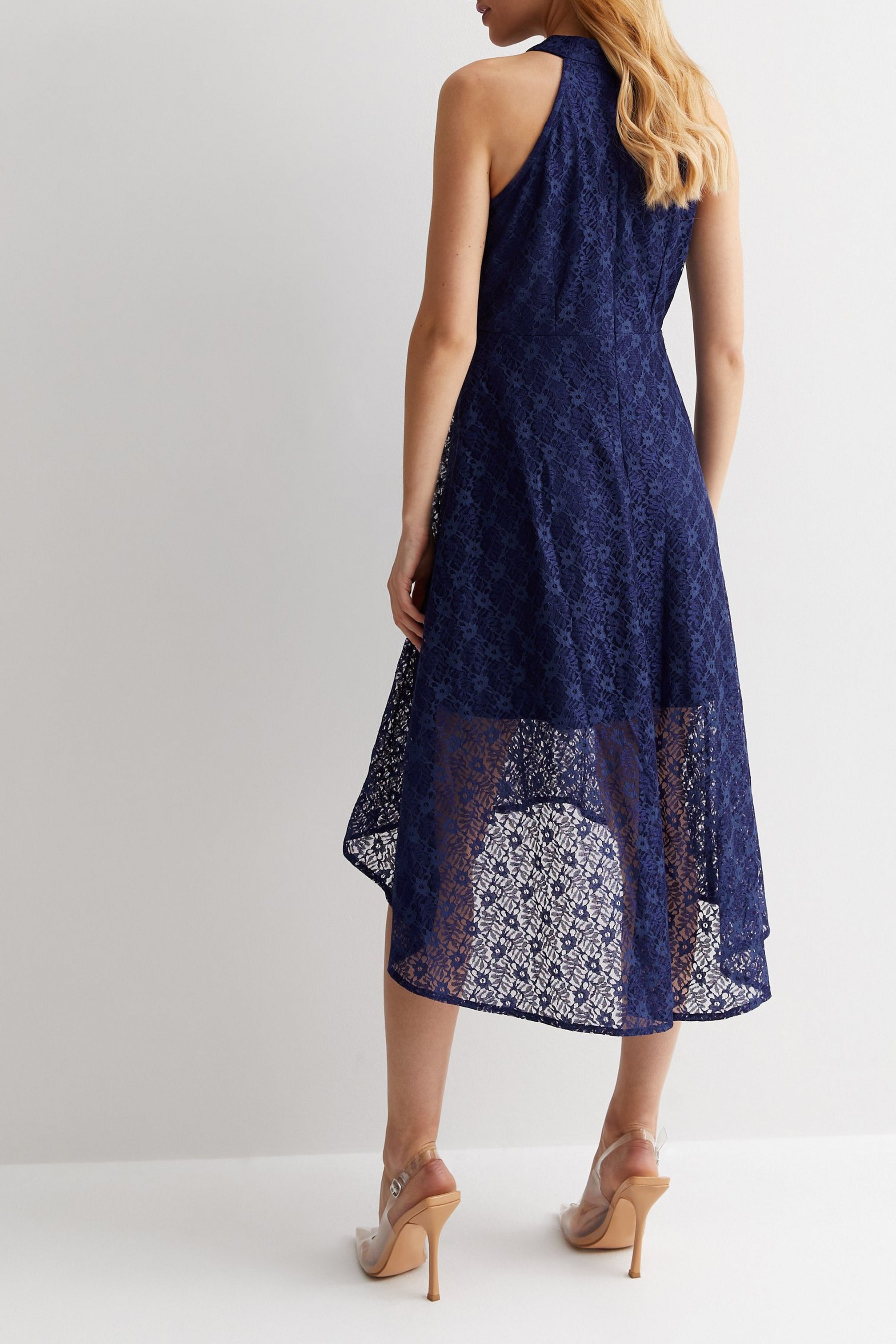 navy lace dip hem dress VERUGU Wedding Guest Dresses for Women Ladies Lace Chiffon Dresses Sexy Round Neck Sleeveless Prom Dresses Elegant Knee Length Midi Dress Evening Party Dresses Navy L