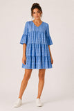 Pale Blue Spot Tiered Smock Dress