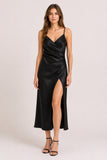 Black Satin Ruched Wrap Midi Dress with Split
